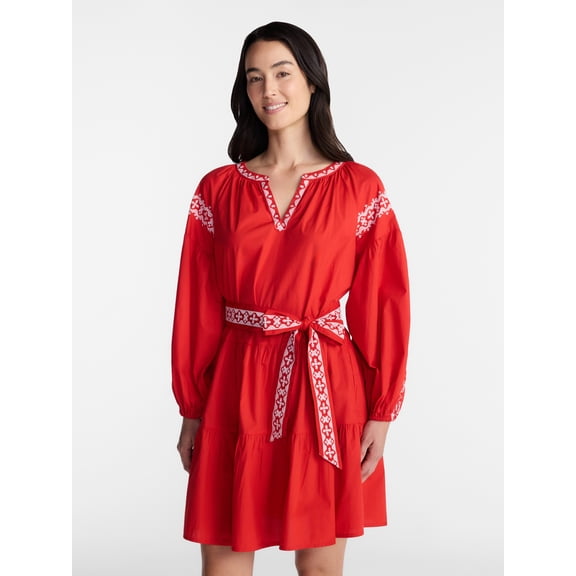 Time and Tru Women's Embroidered Cotton Mini Dress with Long Sleeves, Sizes XS-XXXL