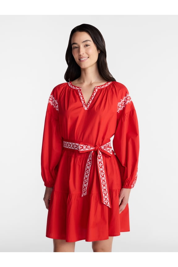 Women's Embroidered Cotton Mini Dress with Long Sleeves, Sizes XS-XXXL