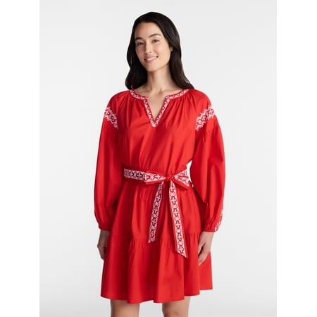 Time and Tru Women's Embroidered Cotton Mini Dress with Long Sleeves, Sizes XS-XXXL