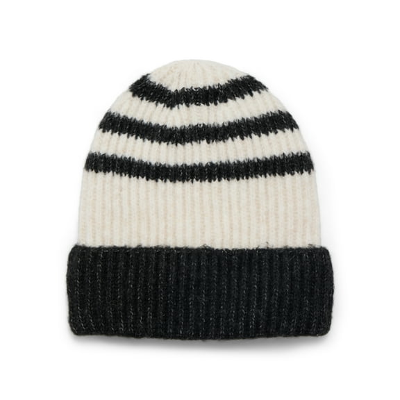 Time and Tru Women's Sporty Stripe Beanie, One Size Fits Most, Black Combo