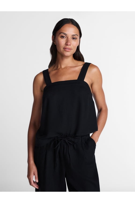 Women's Linen Blend Square Neck Tank Top, Sizes XS-XXXL