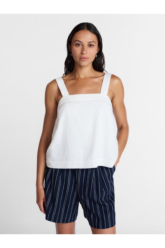 Women's Linen Blend Square Neck Tank Top, Sizes XS-XXXL