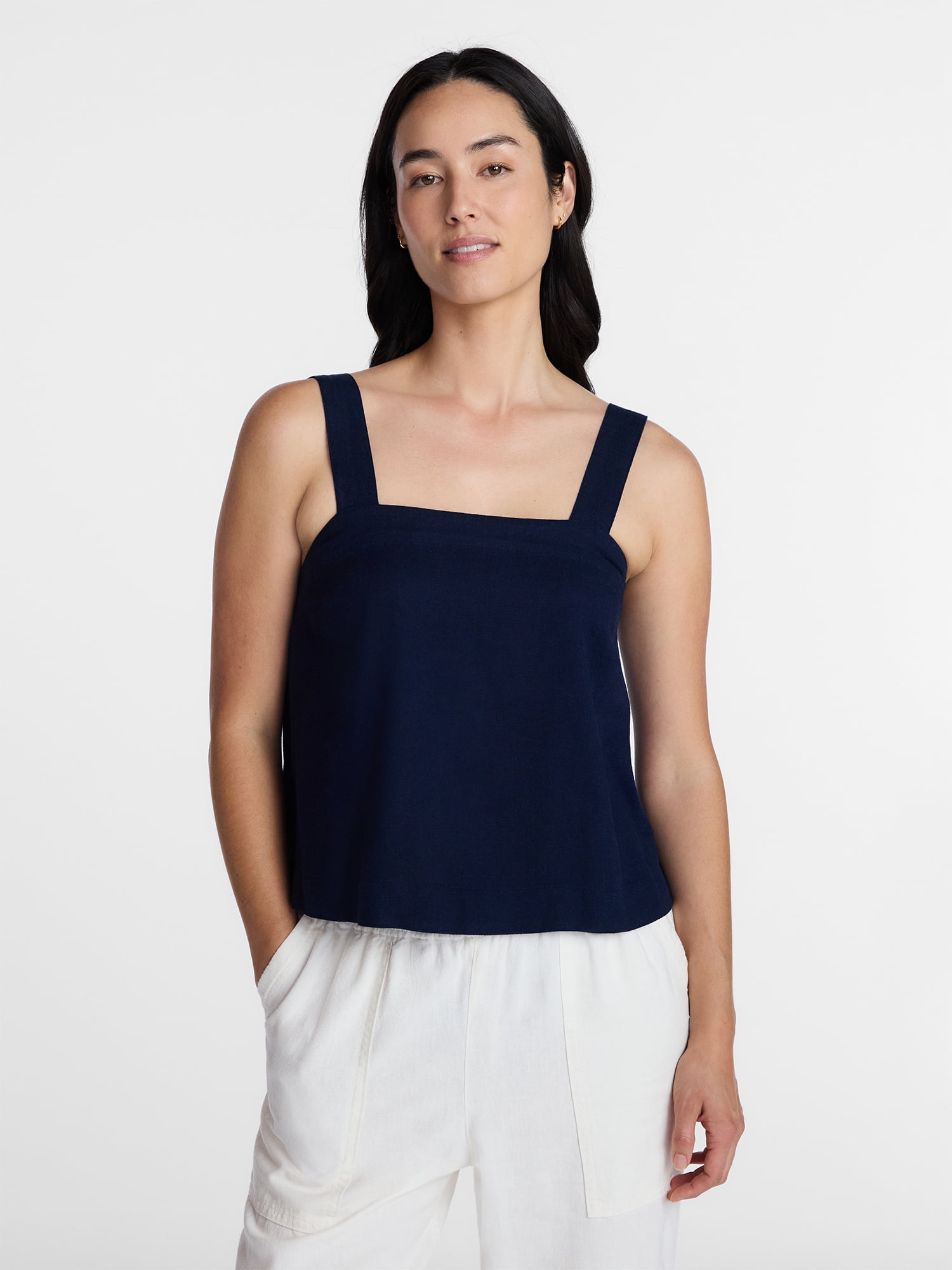 Time and Tru Women's Linen Blend Square Neck Tank Top, Sizes XS-XXXL