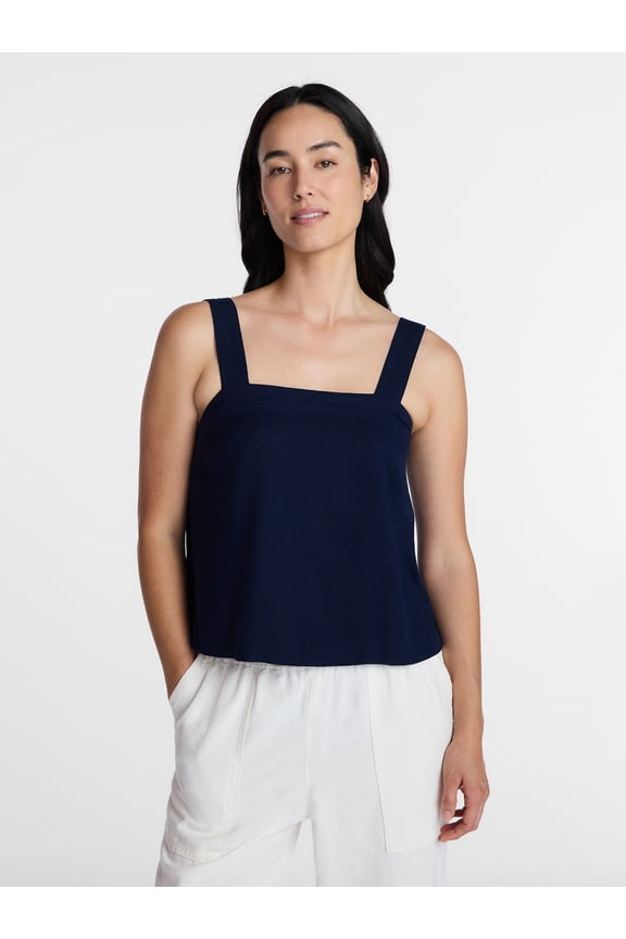 Women's Linen Blend Square Neck Tank Top, Sizes XS-XXXL
