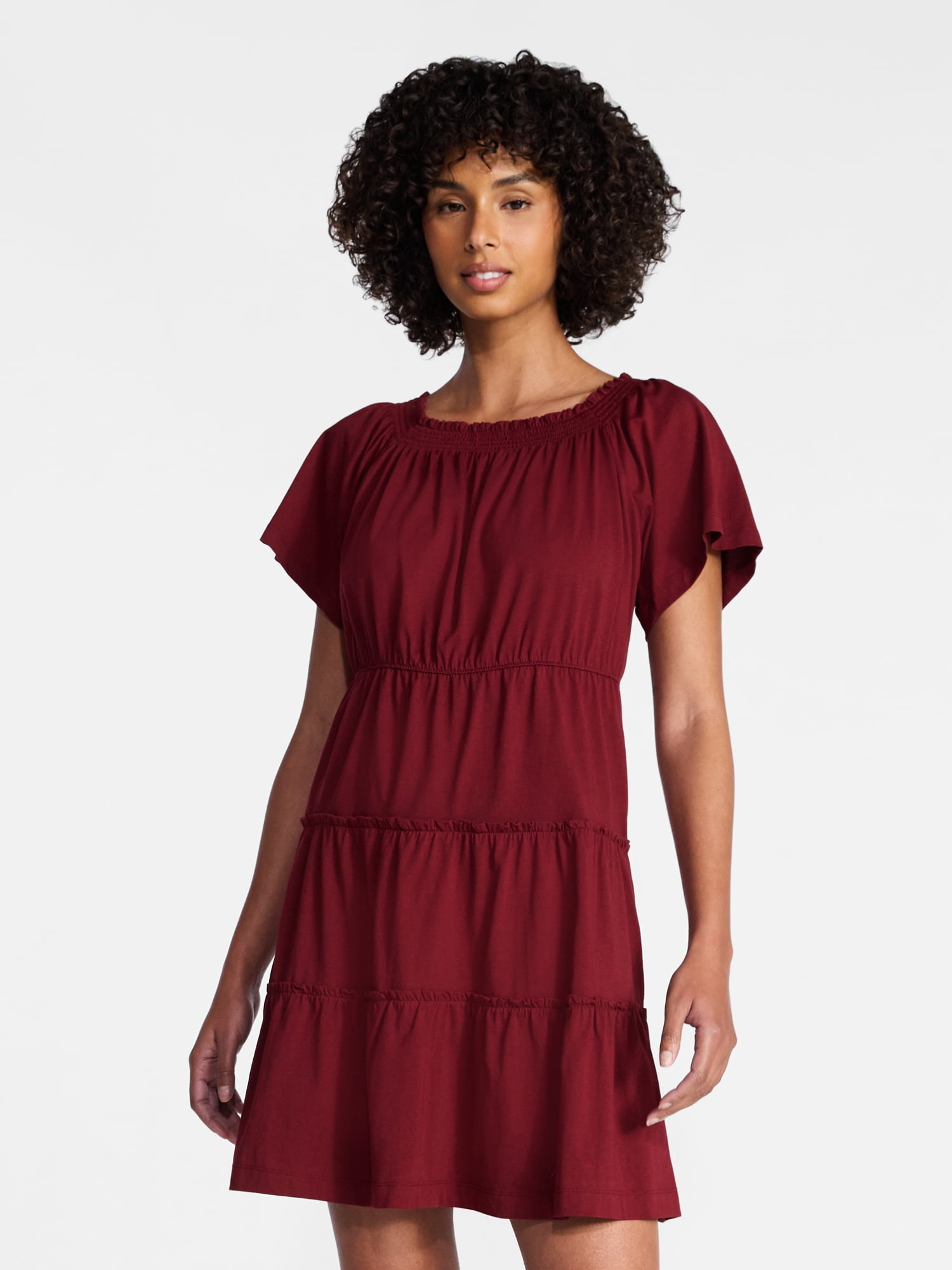 Time and Tru Women's Tiered Cotton Mini Dress with Flutter Sleeves, Sizes XS-XXXL
