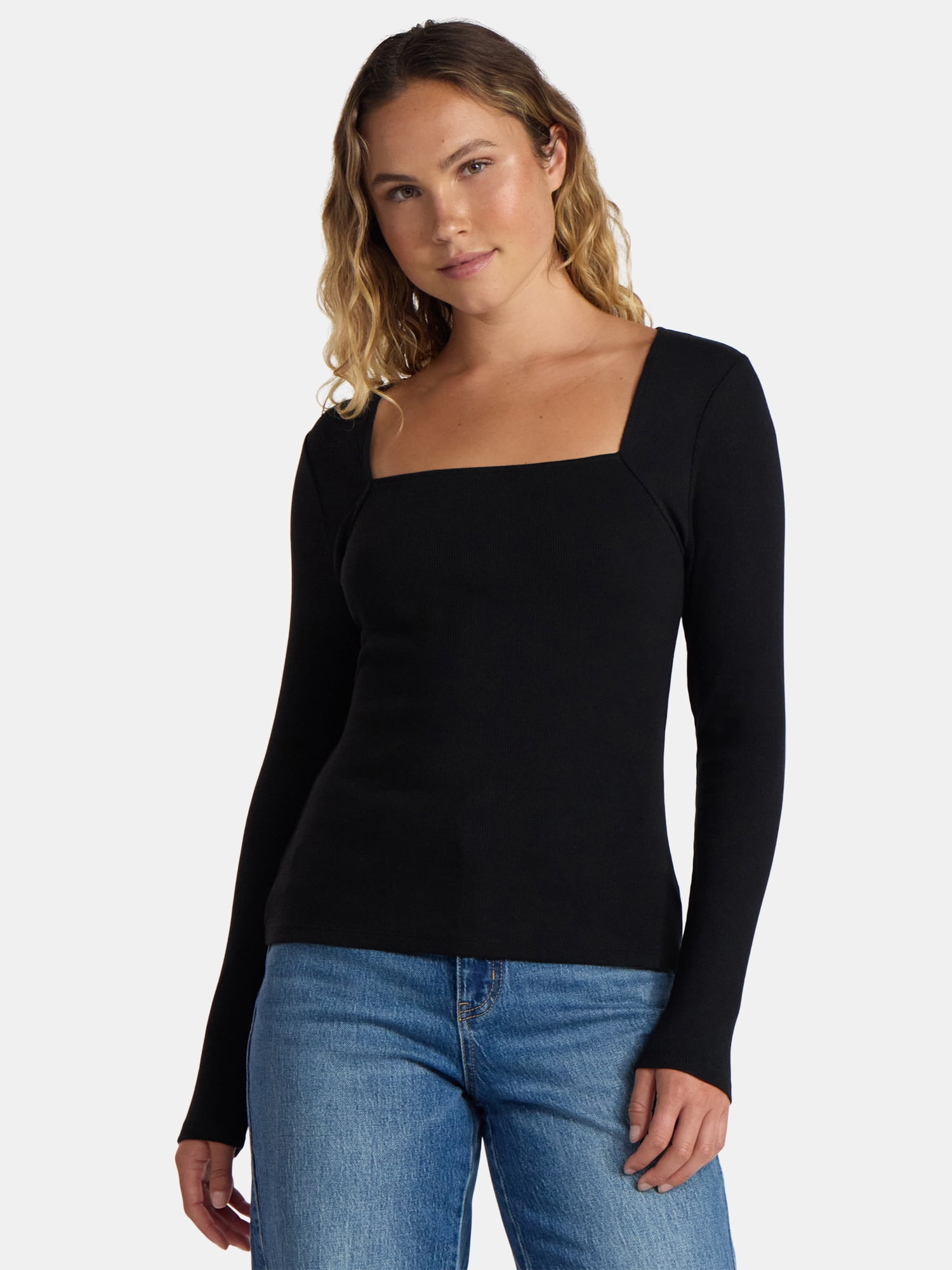 Women's Ribbed Square Neck Top with Long Sleeves, Size XS-XXXL