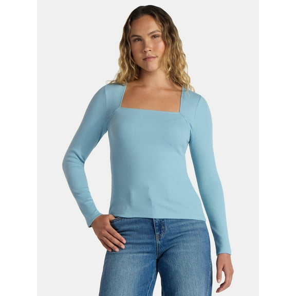 Time and Tru Women's Ribbed Square Neck Top with Long Sleeves, Size XS-XXXL