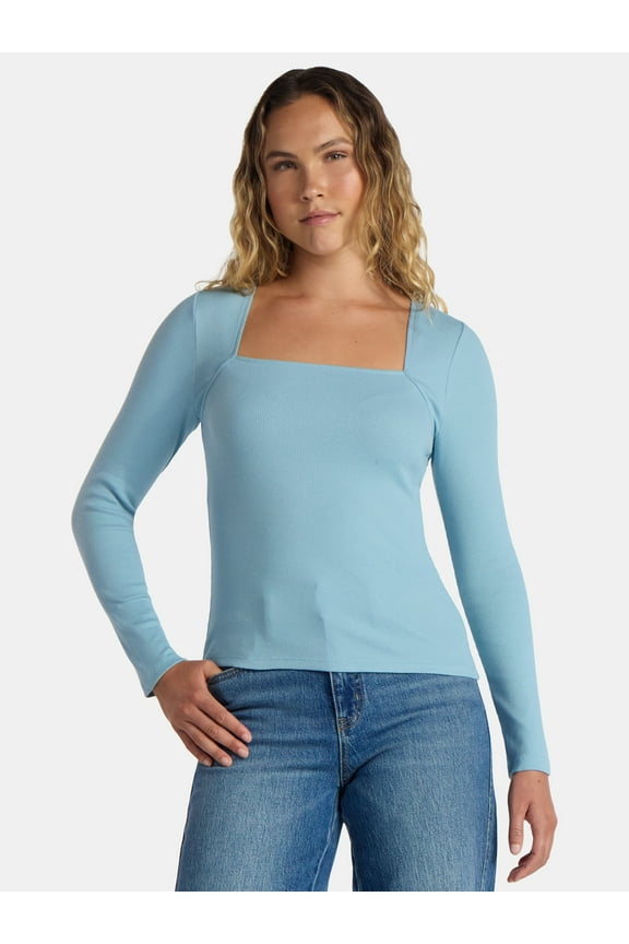 Women's Ribbed Square Neck Top with Long Sleeves, Size XS-XXXL