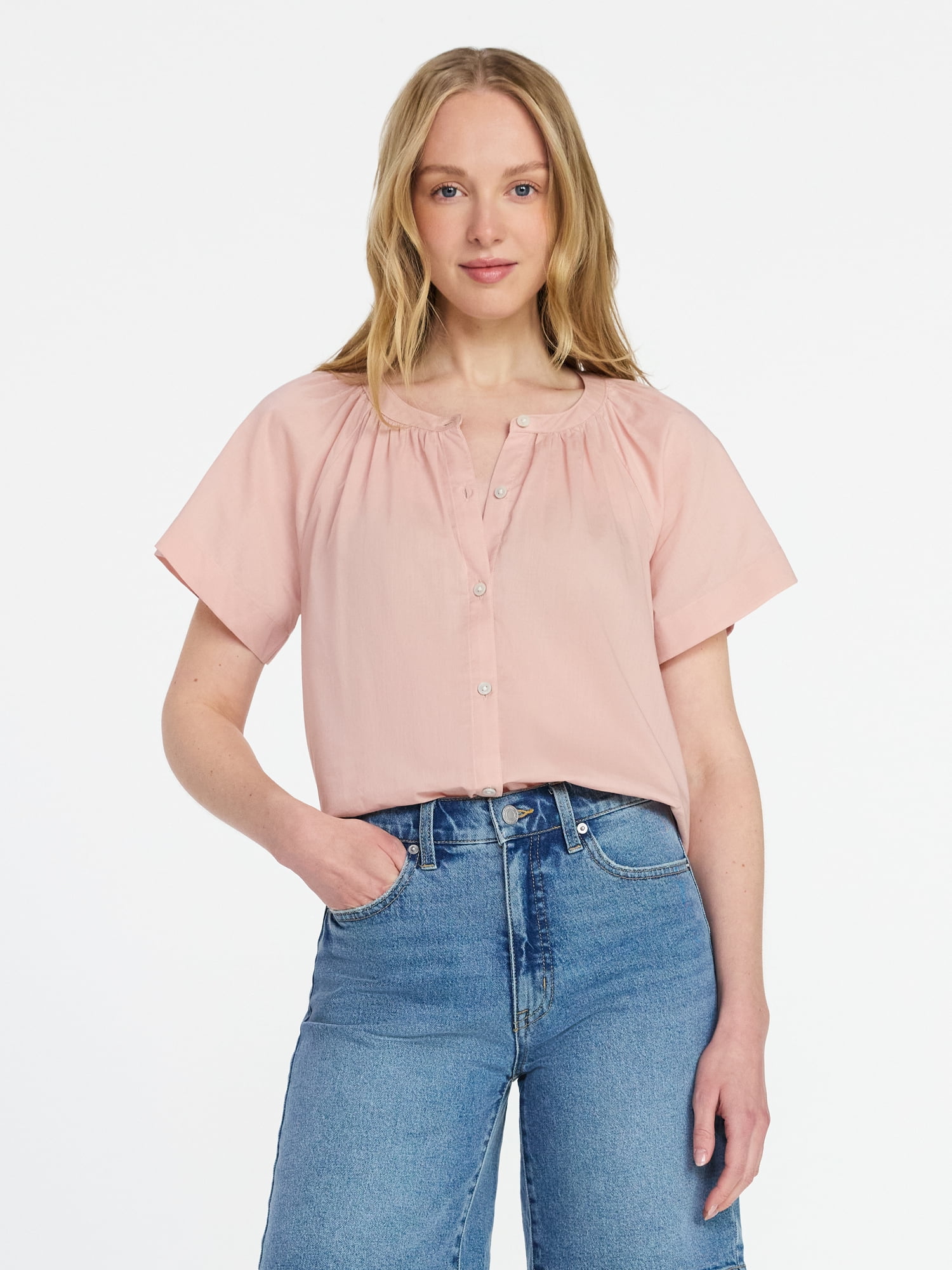 Time and Tru Women's Cotton Button Up Blouse with Short Sleeves, Sizes XS-XXXL
