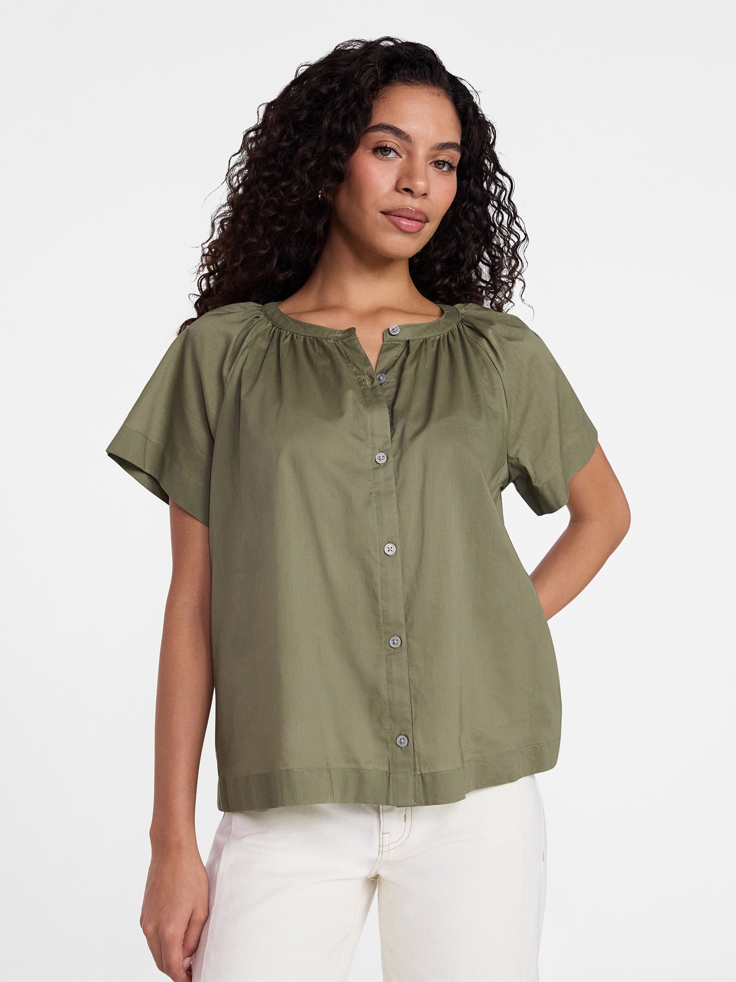 Time and Tru Women's Cotton Button Up Blouse with Short Sleeves, Sizes XS-XXXL