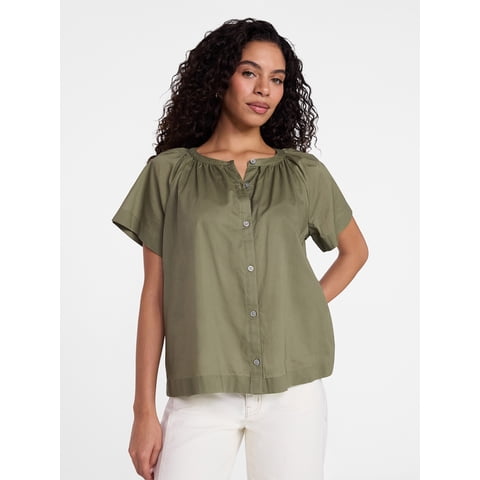 Women's Cotton Button Up Blouse with Short Sleeves, Sizes XS-XXXL