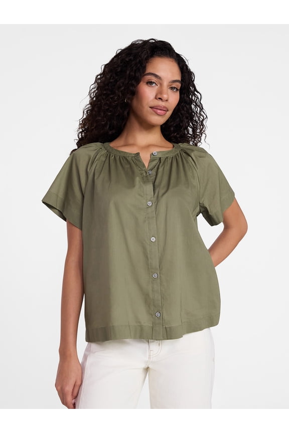 Women's Cotton Button Up Blouse with Short Sleeves, Sizes XS-XXXL