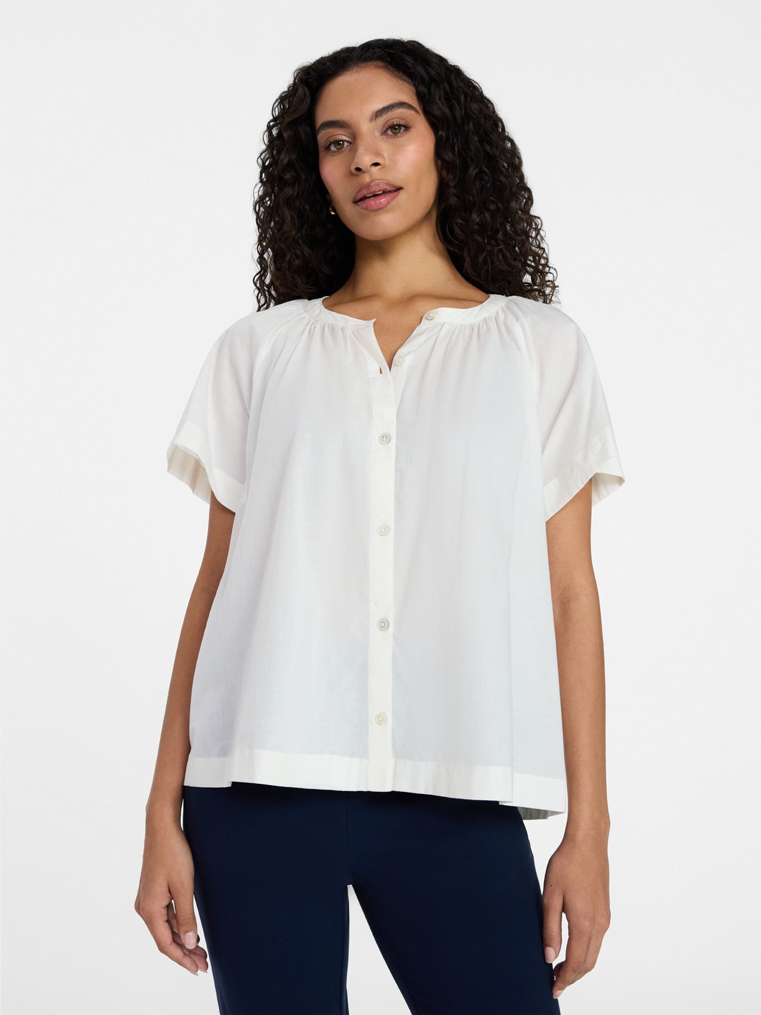 Time and Tru Women's Cotton Button Up Blouse with Short Sleeves, Sizes XS-XXXL