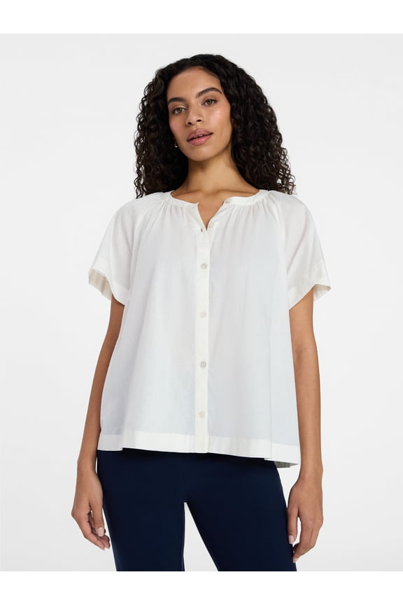 Women's Cotton Button Up Blouse with Short Sleeves, Sizes XS-XXXL