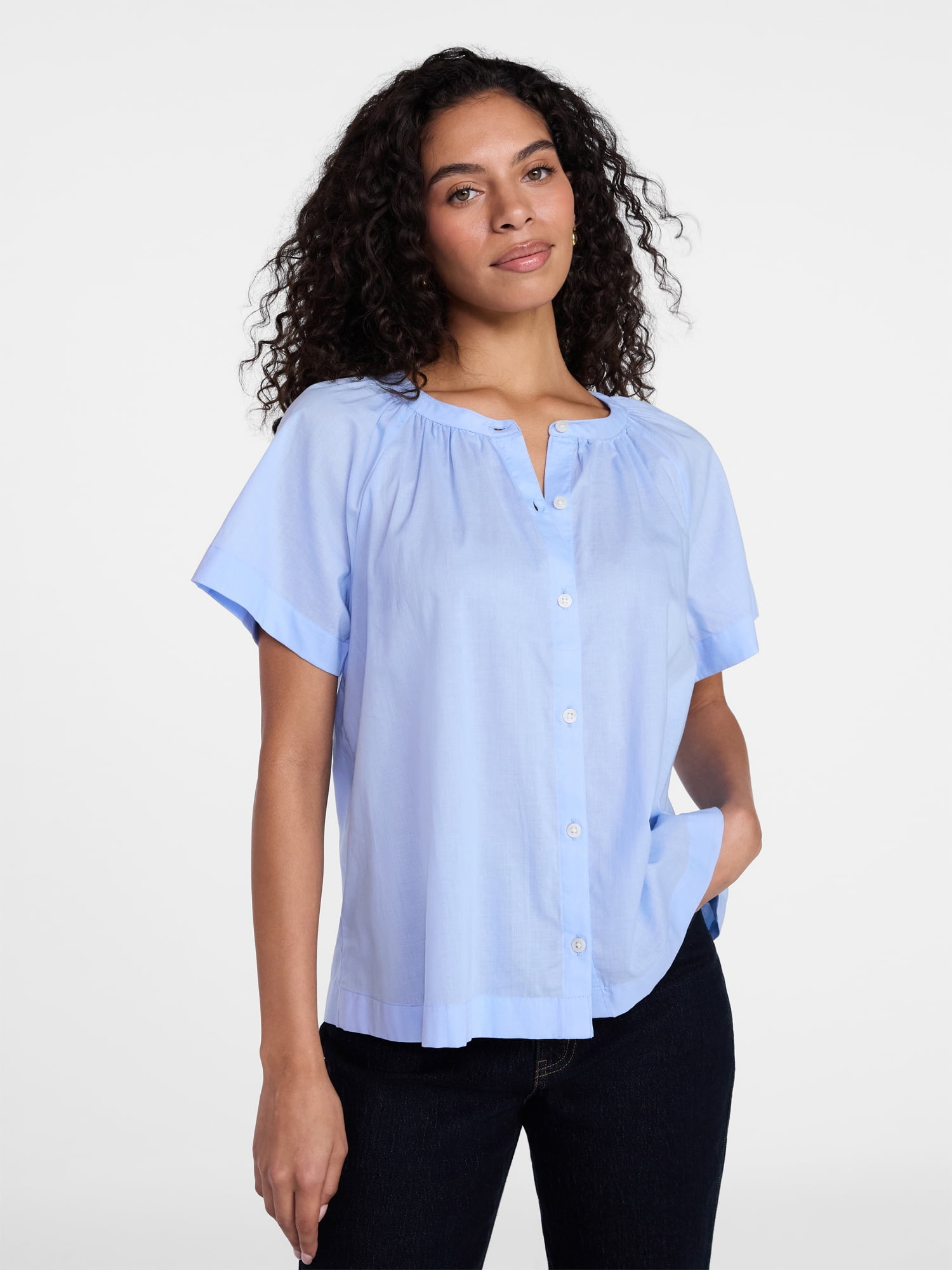 Time and Tru Women's Cotton Button Up Blouse with Short Sleeves, Sizes XS-XXXL