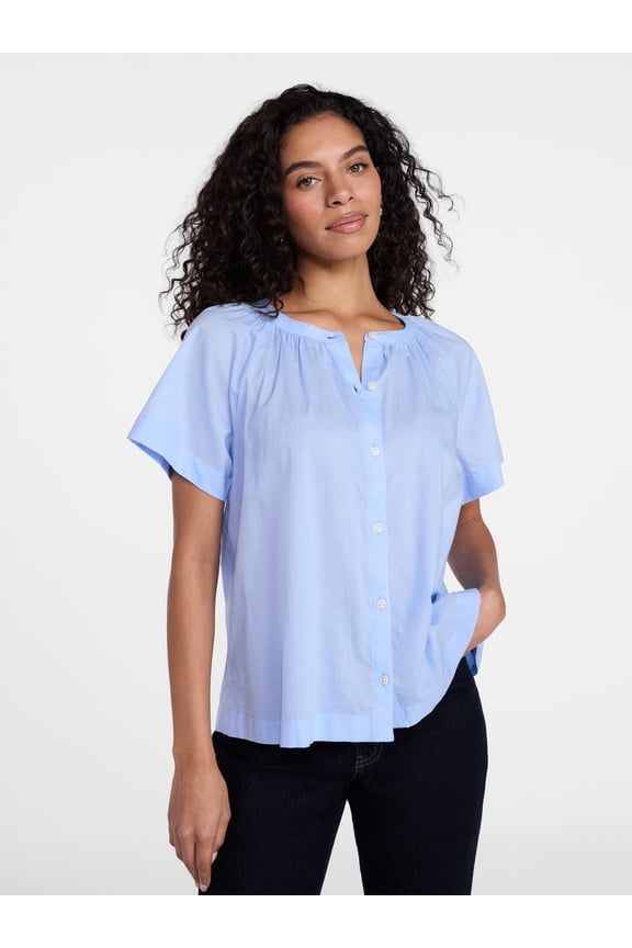 Women's Cotton Button Up Blouse with Short Sleeves, Sizes XS-XXXL