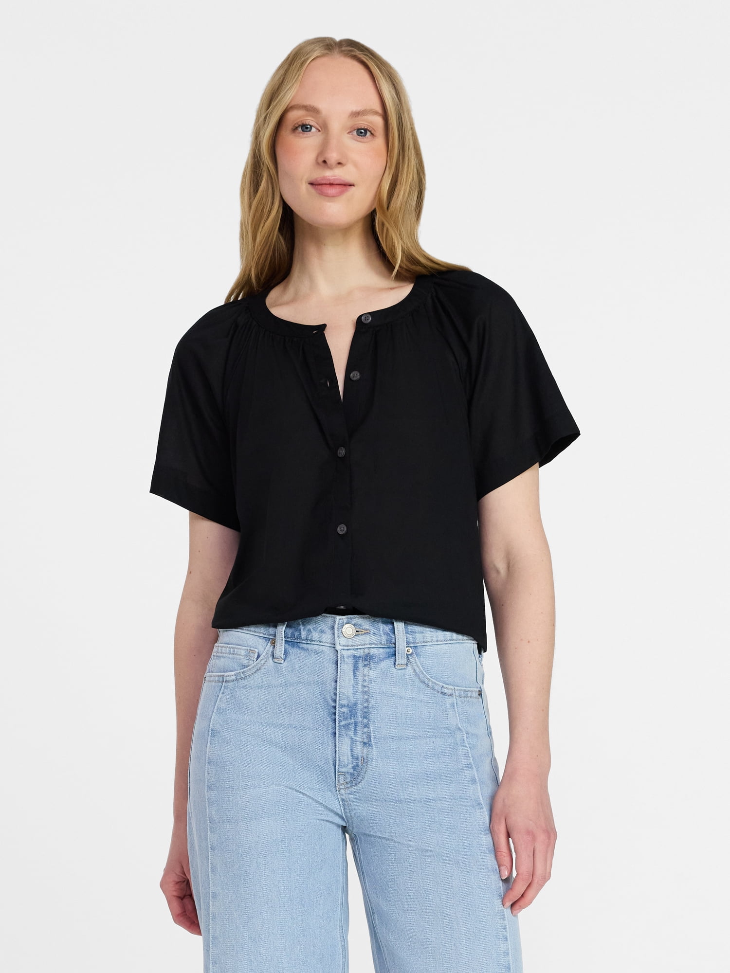 Time and Tru Women's Cotton Button Up Blouse with Short Sleeves, Sizes XS-XXXL