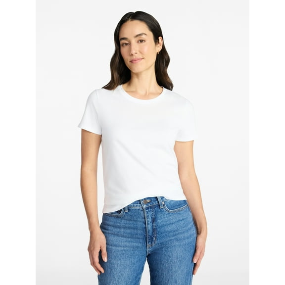 Time and Tru Women's Cotton Crewneck Tee with Short Sleeves, Sizes XS-XXXL