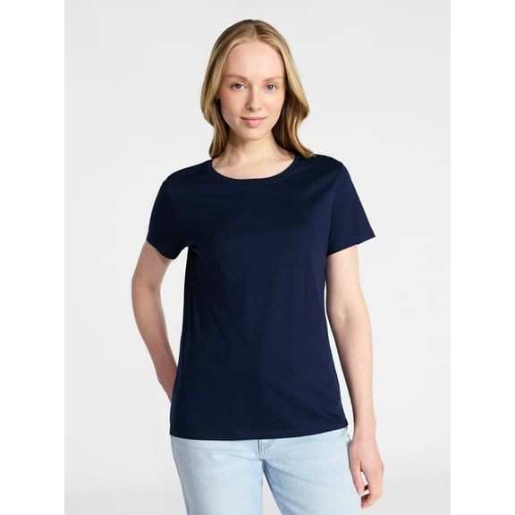 Time and Tru Women's Cotton Crewneck Tee with Short Sleeves, Sizes XS-XXXL