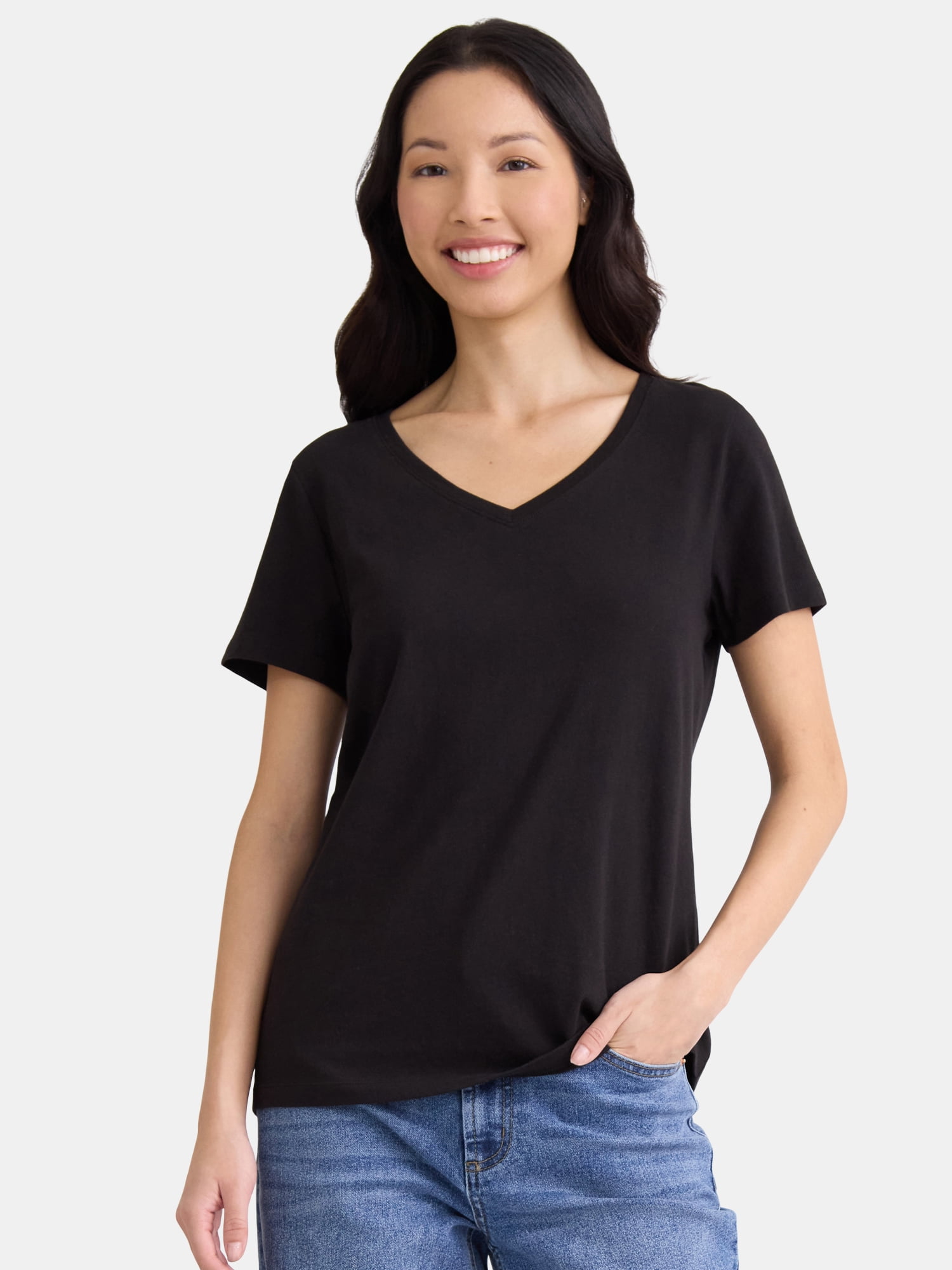 Time and Tru Women's Cotton V-Neck Tee with Short Sleeves 2 Pack, Size ...