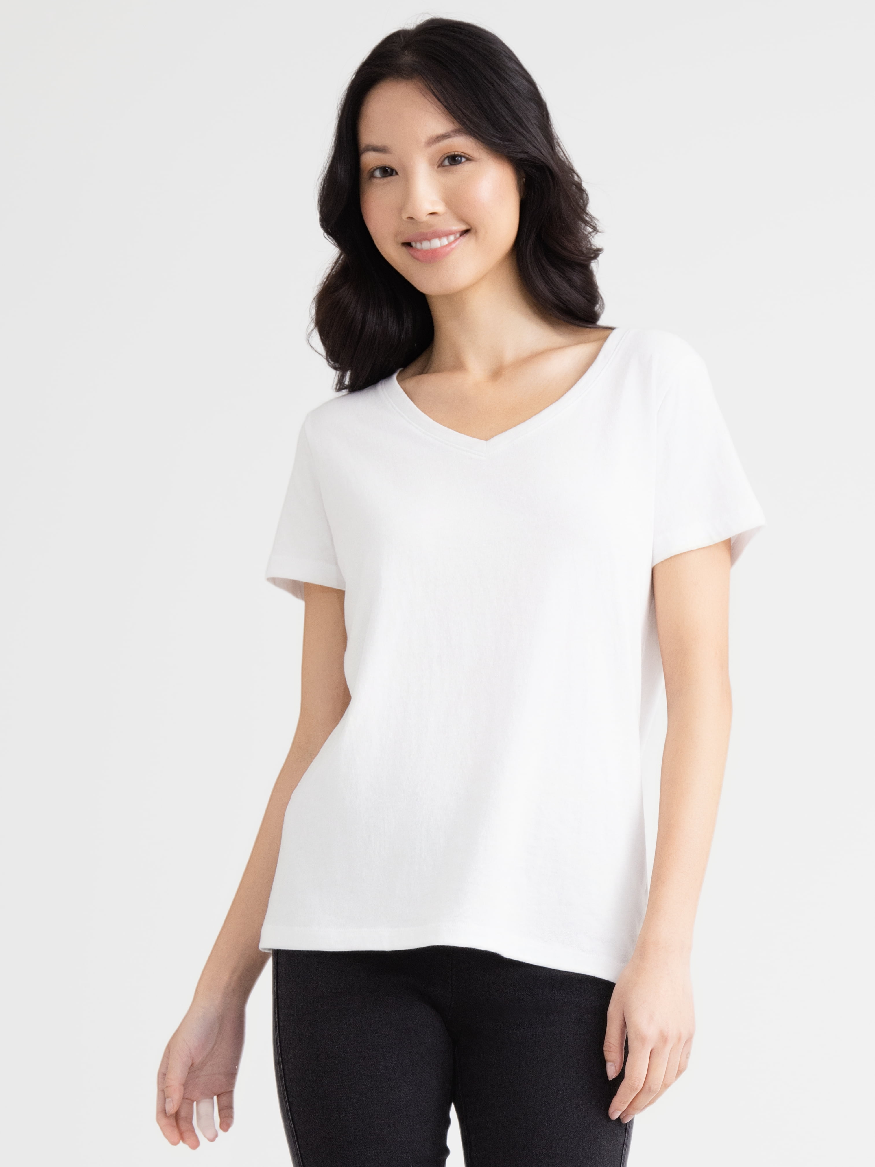 Time and Tru Women's V-Neck Tee with Short Sleeves, Sizes XS-XXXL ...