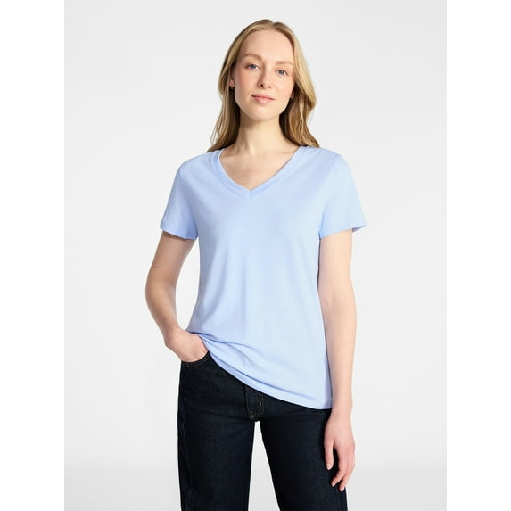 Time and Tru Women's Cotton V-Neck Tee with Short Sleeves, Sizes XS-4X