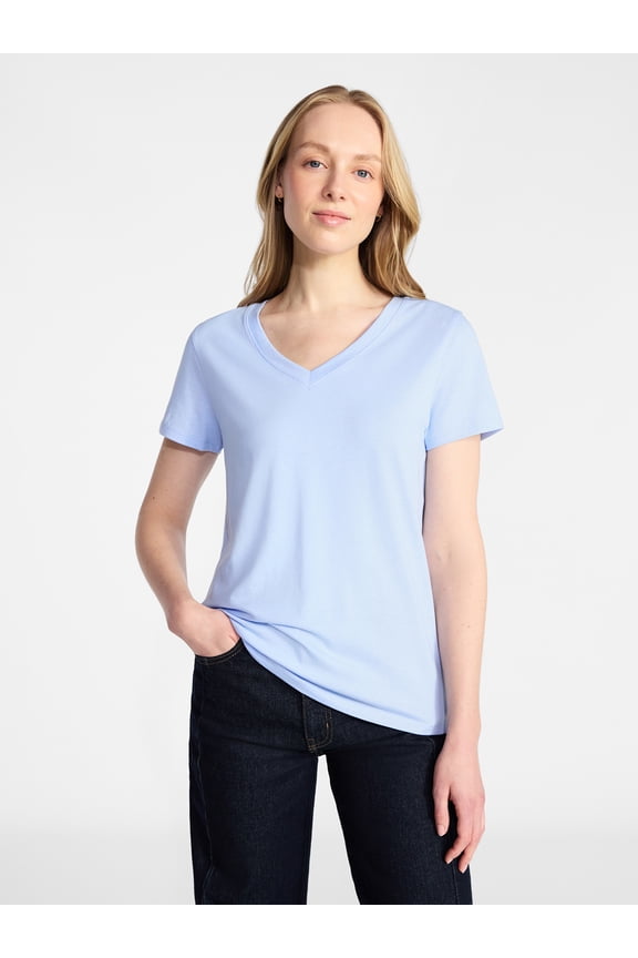 Women's Cotton V-Neck Tee with Short Sleeves, Sizes XS-XXXL