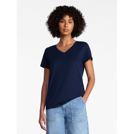 Time and Tru Women's Cotton V-Neck Tee with Short Sleeves