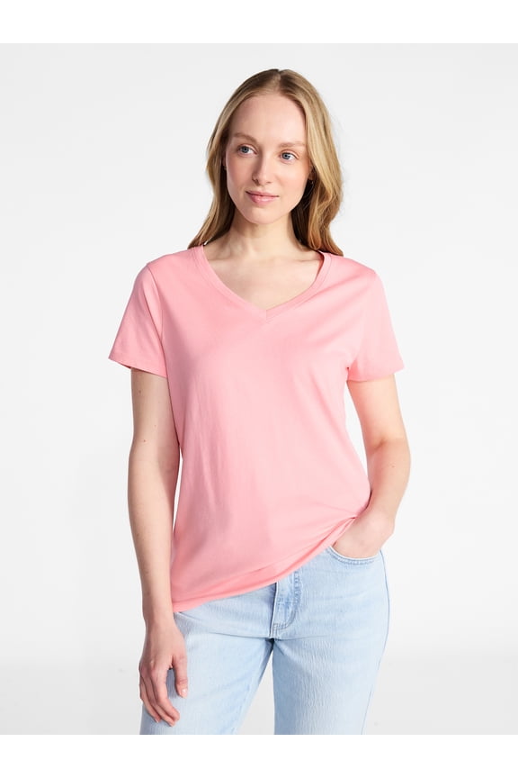 Women's Cotton V-Neck Tee with Short Sleeves, Sizes XS-XXXL