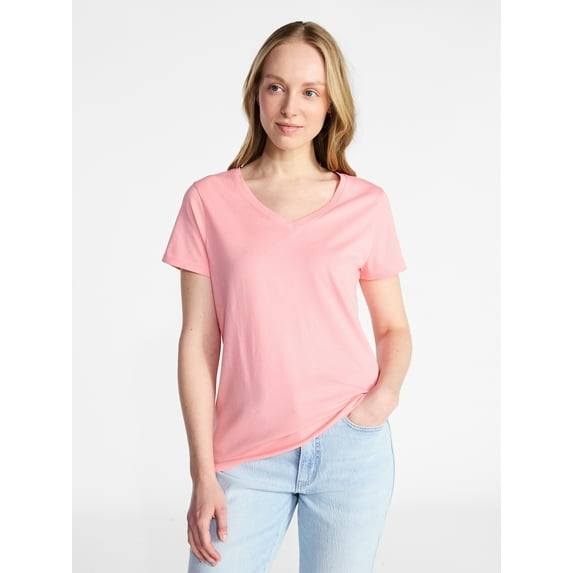 Time and Tru Women's Cotton V-Neck Tee with Short Sleeves, Sizes XS-XXXL