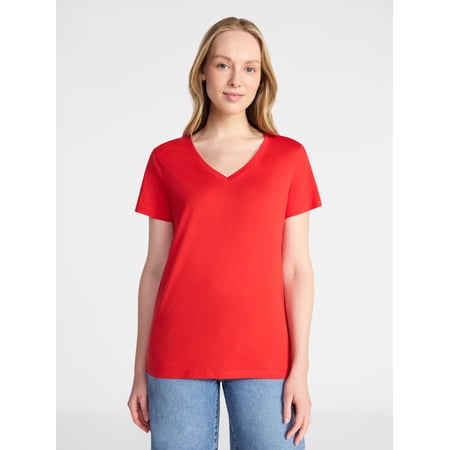 Time and Tru Women's Cotton V-Neck Tee with Short Sleeves