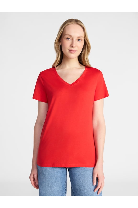 Women's Cotton V-Neck Tee with Short Sleeves, Sizes XS-XXXL