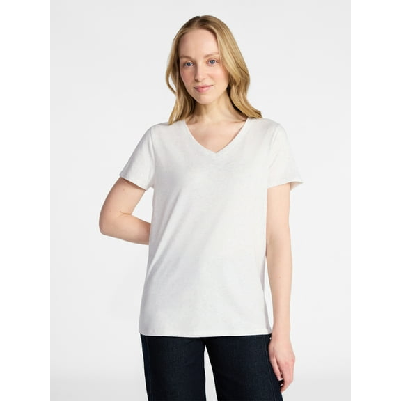 Time and Tru Women's Cotton V-Neck Tee with Short Sleeves, Sizes XS-XXXL