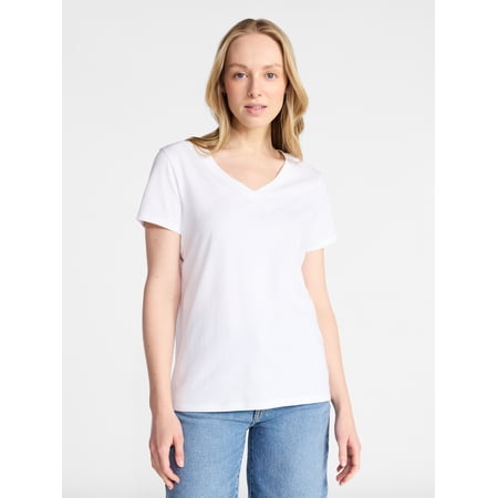 Time and Tru Women's Cotton V-Neck Short Sleeve Tee, Sizes XS-4X