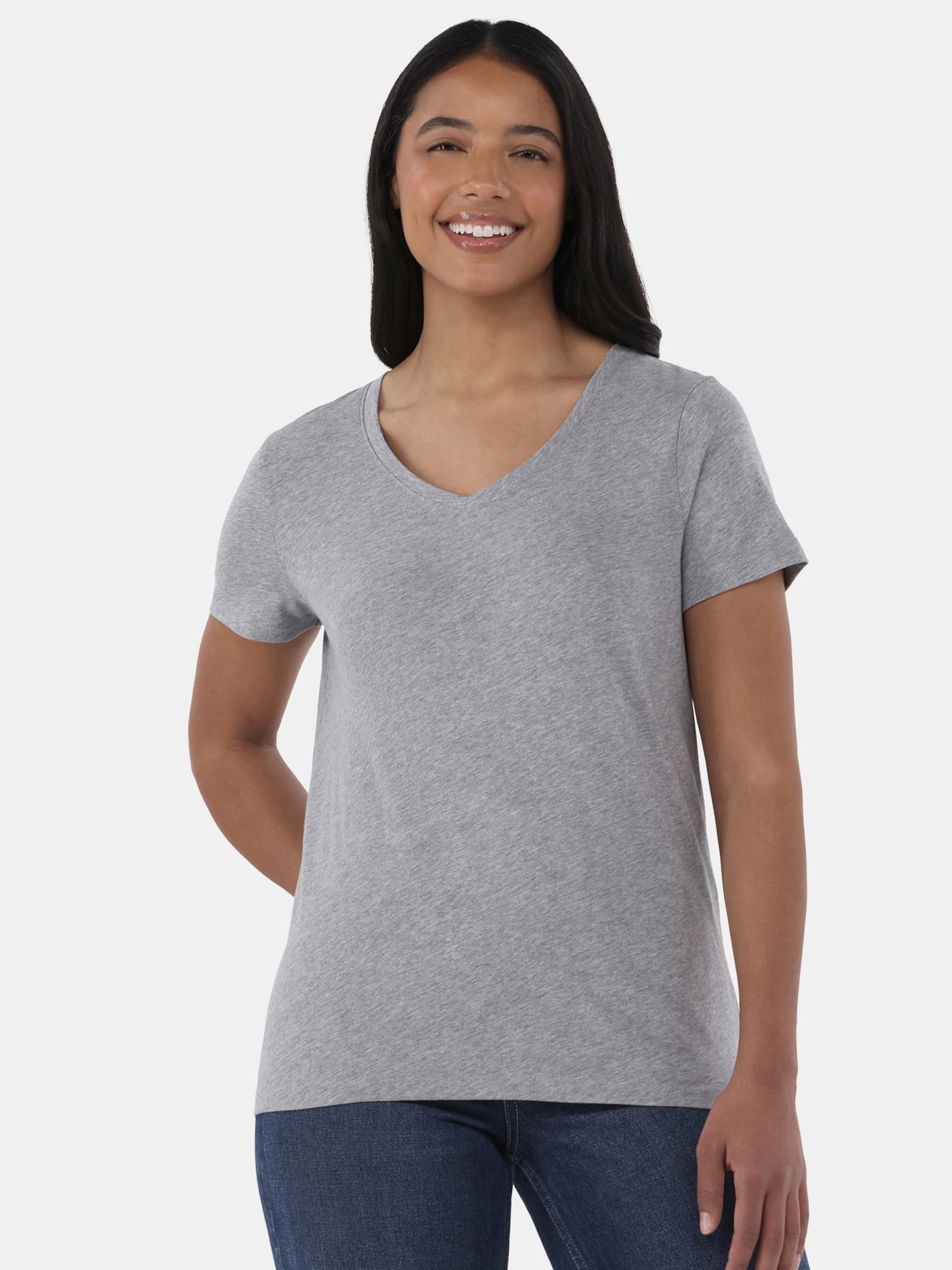 Time and Tru Women's Cotton V-Neck Tee with Short Sleeves, Size XS-XXXL ...