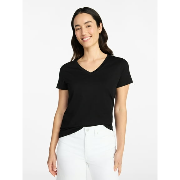 Time and Tru Women's Cotton V-Neck Tee with Short Sleeves, Sizes XS-XXXL