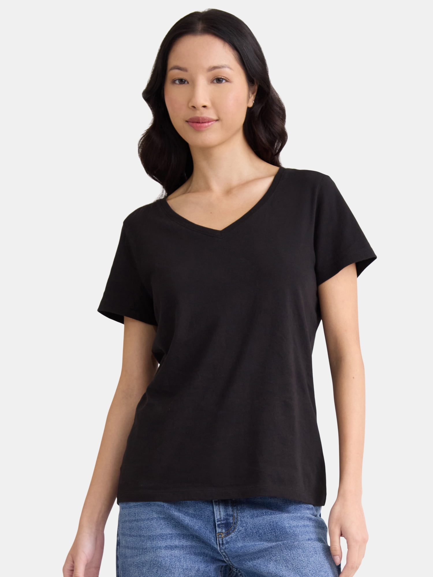 Women's Cotton V-Neck Tee with Short Sleeves, Sizes XS-XXXL