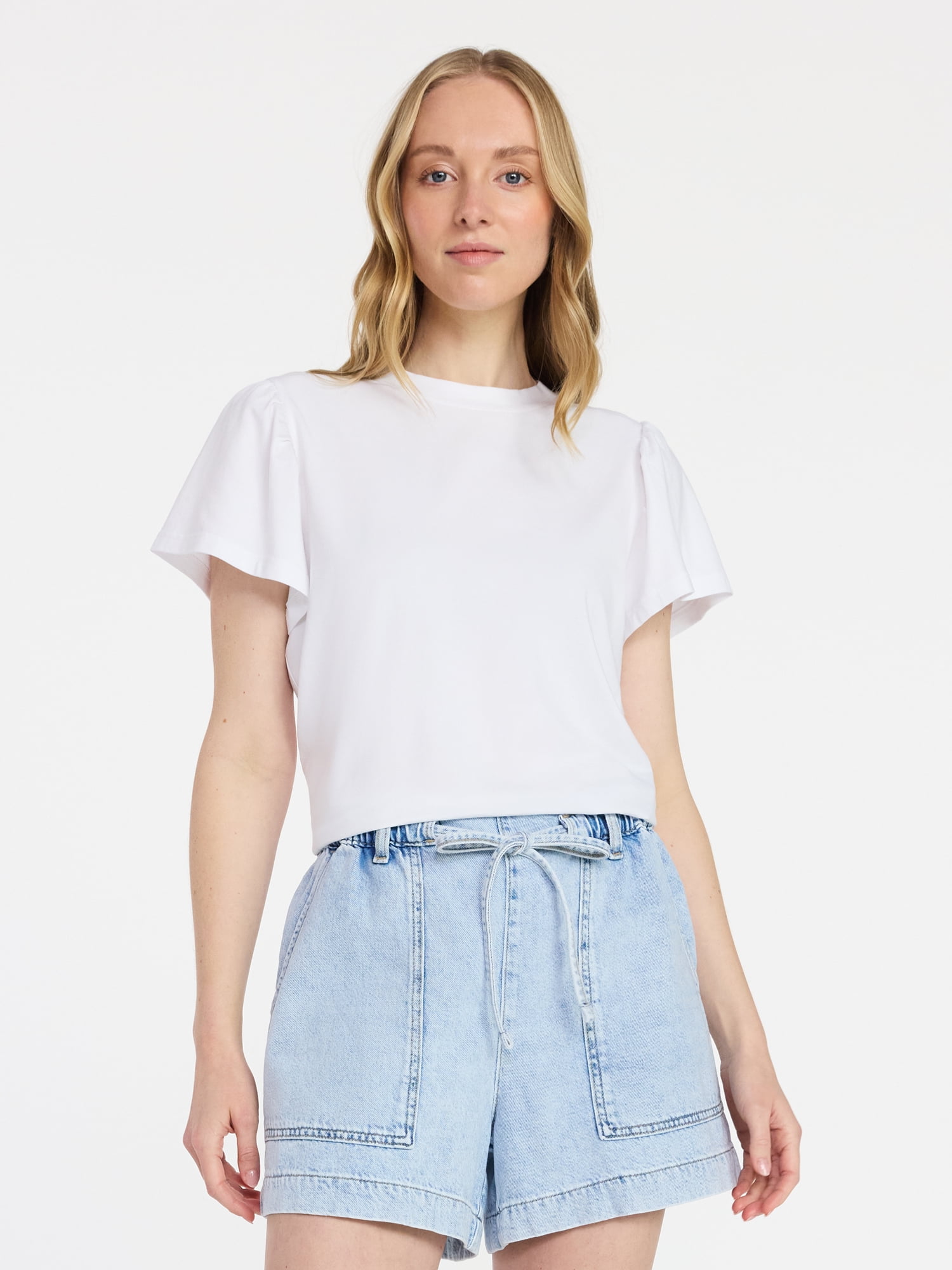 Time and Tru Women's Crewneck Top with Short Flutter Sleeves, Sizes XS-XXXL