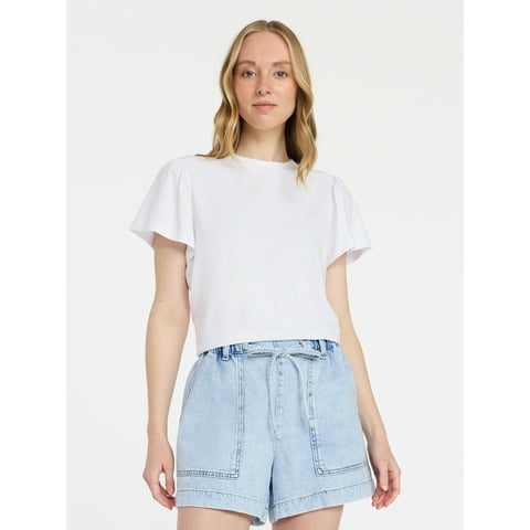 Women's Crewneck Top with Short Flutter Sleeves, Sizes XS-XXXL