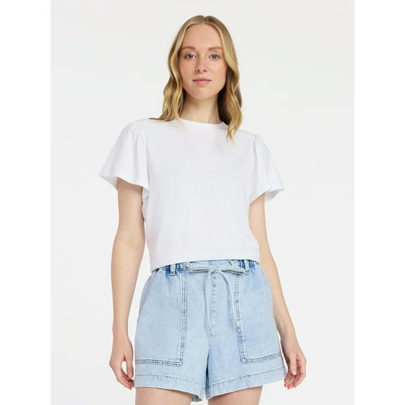 Time and Tru Women's Crewneck Top with Short Flutter Sleeves, Sizes XS-XXXL