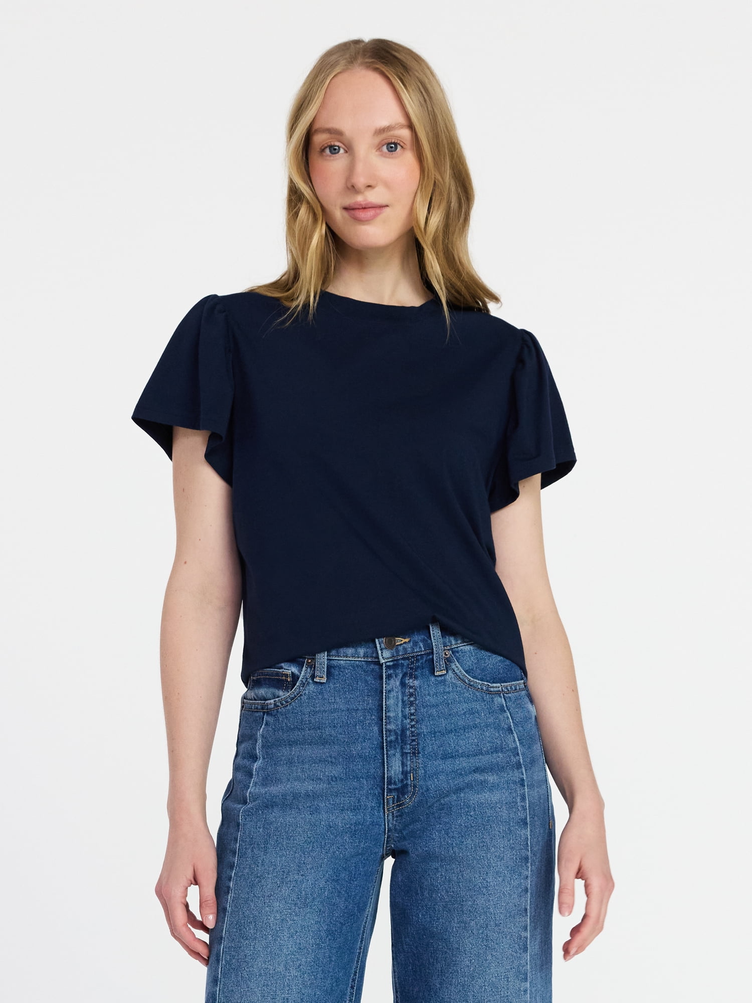 Time and Tru Women's Crewneck Tee with Flutter Sleeves, Sizes XS-XXXL