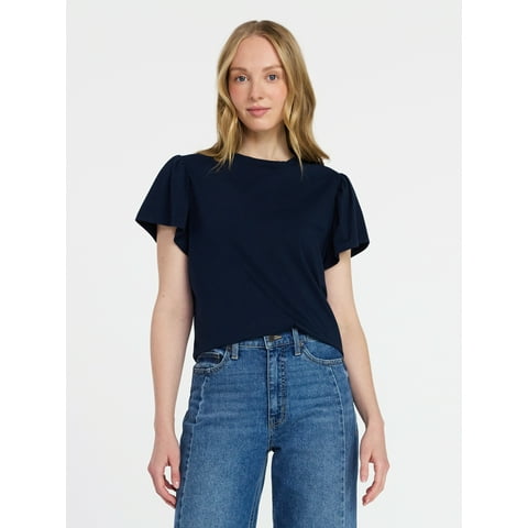 Women's Crewneck Tee with Flutter Sleeves, Sizes XS-XXXL