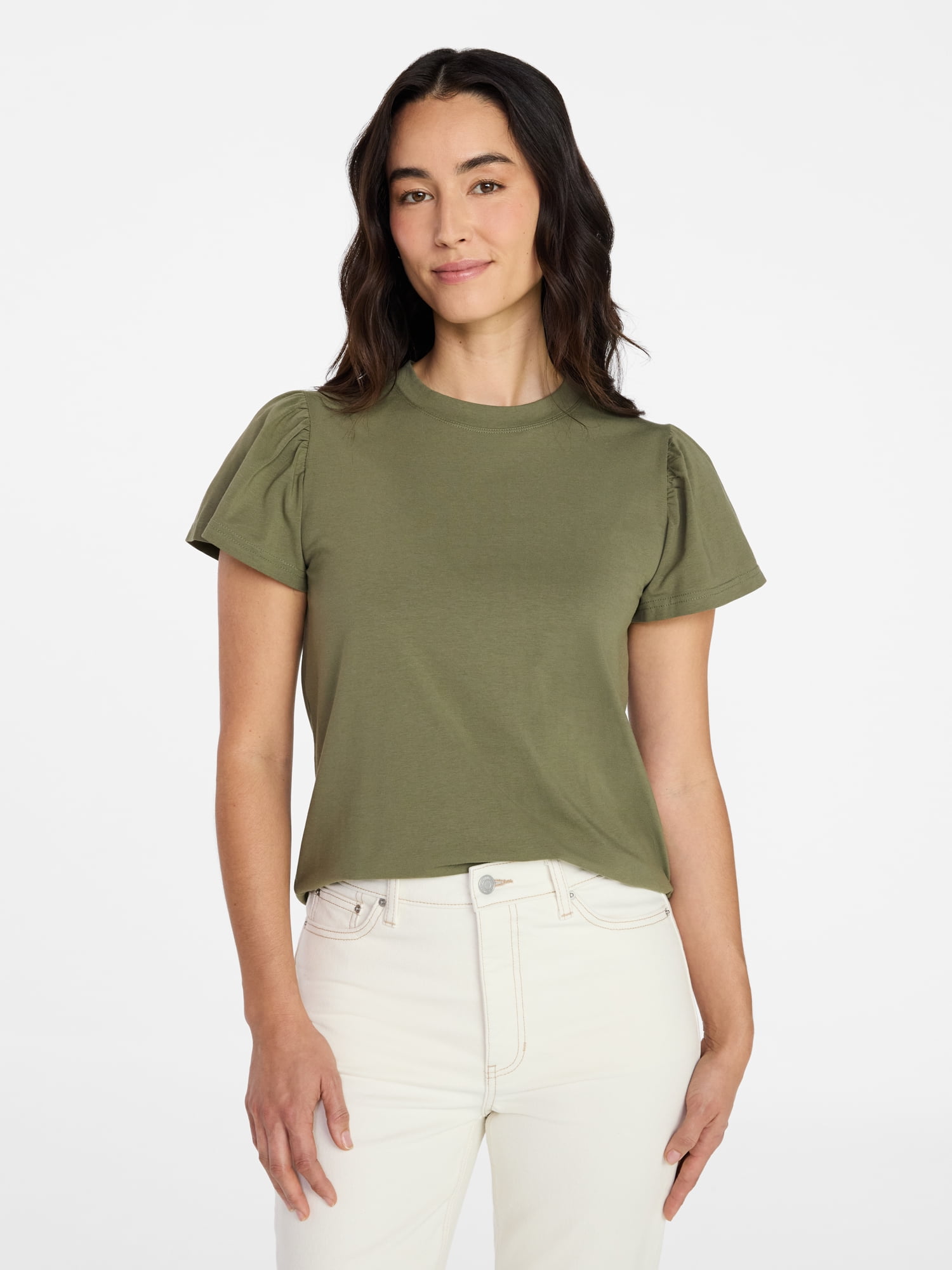 Time and Tru Women's Crewneck Top with Short Flutter Sleeves, Sizes XS-XXXL
