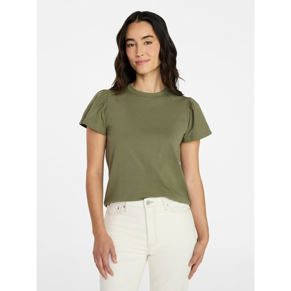 Time and Tru Women's Crewneck Top with Short Flutter Sleeves, Sizes XS-XXXL