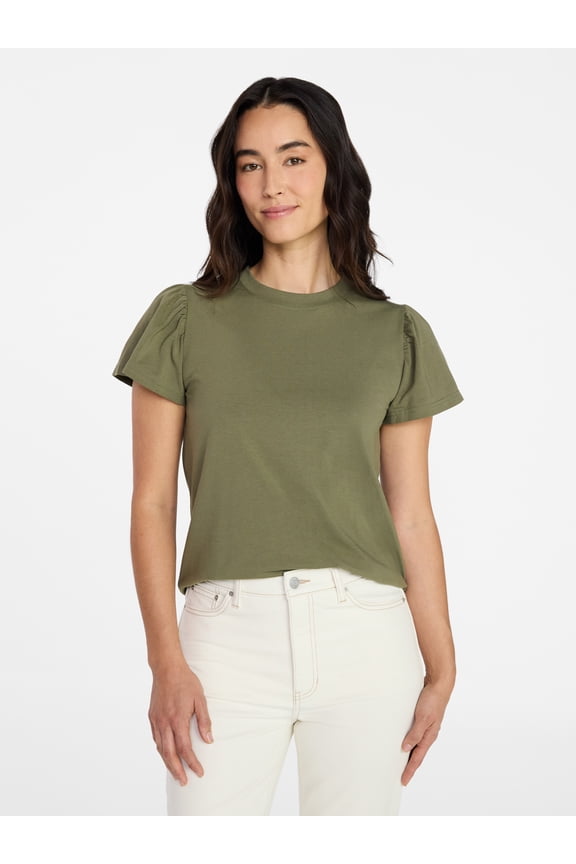 Women's Crewneck Top with Short Flutter Sleeves, Sizes XS-XXXL