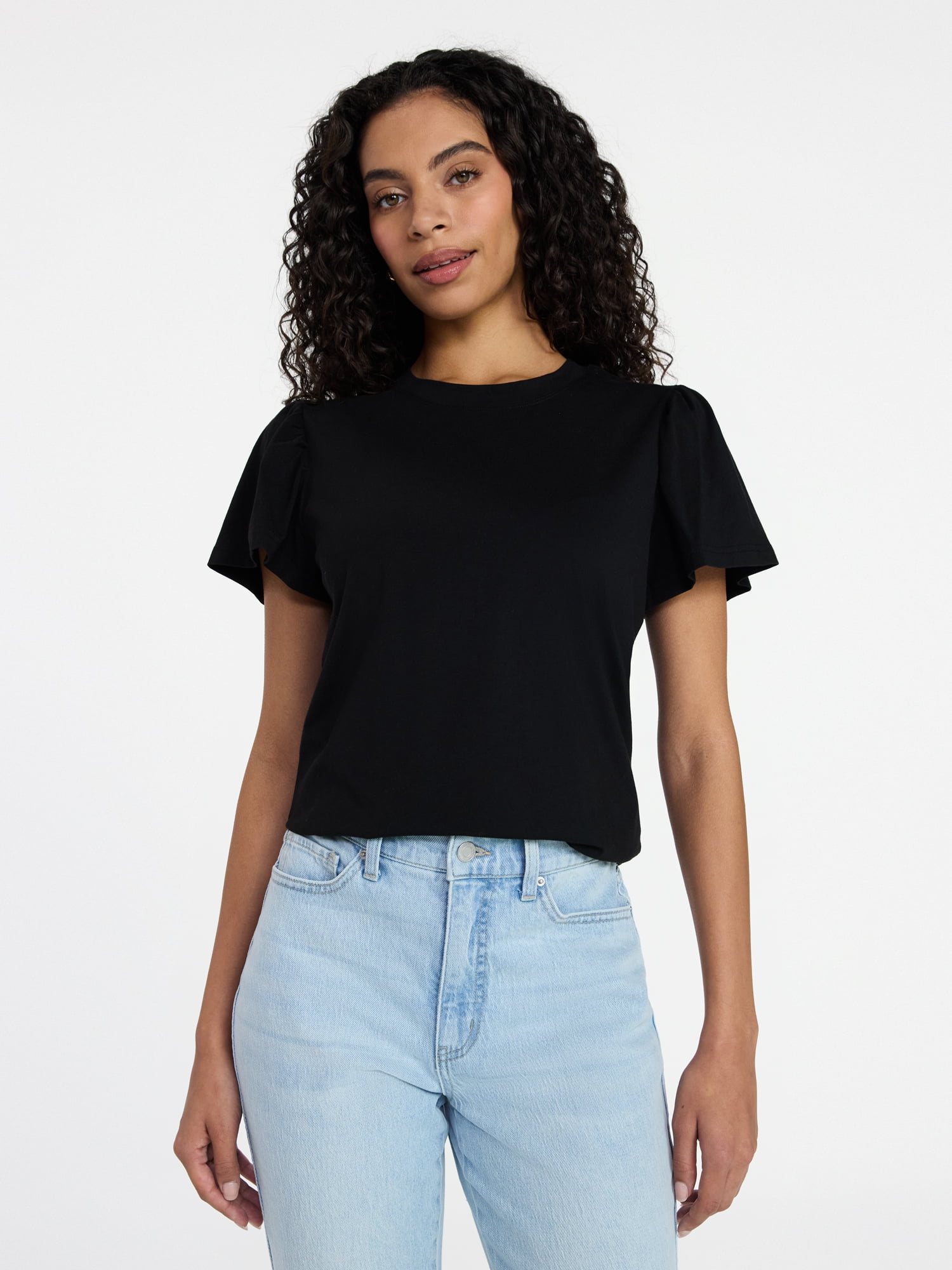 Time and Tru Women's Crewneck Top with Short Flutter Sleeves, Sizes XS-XXXL