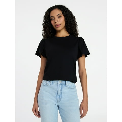 Women's Crewneck Top with Short Flutter Sleeves, Sizes XS-XXXL