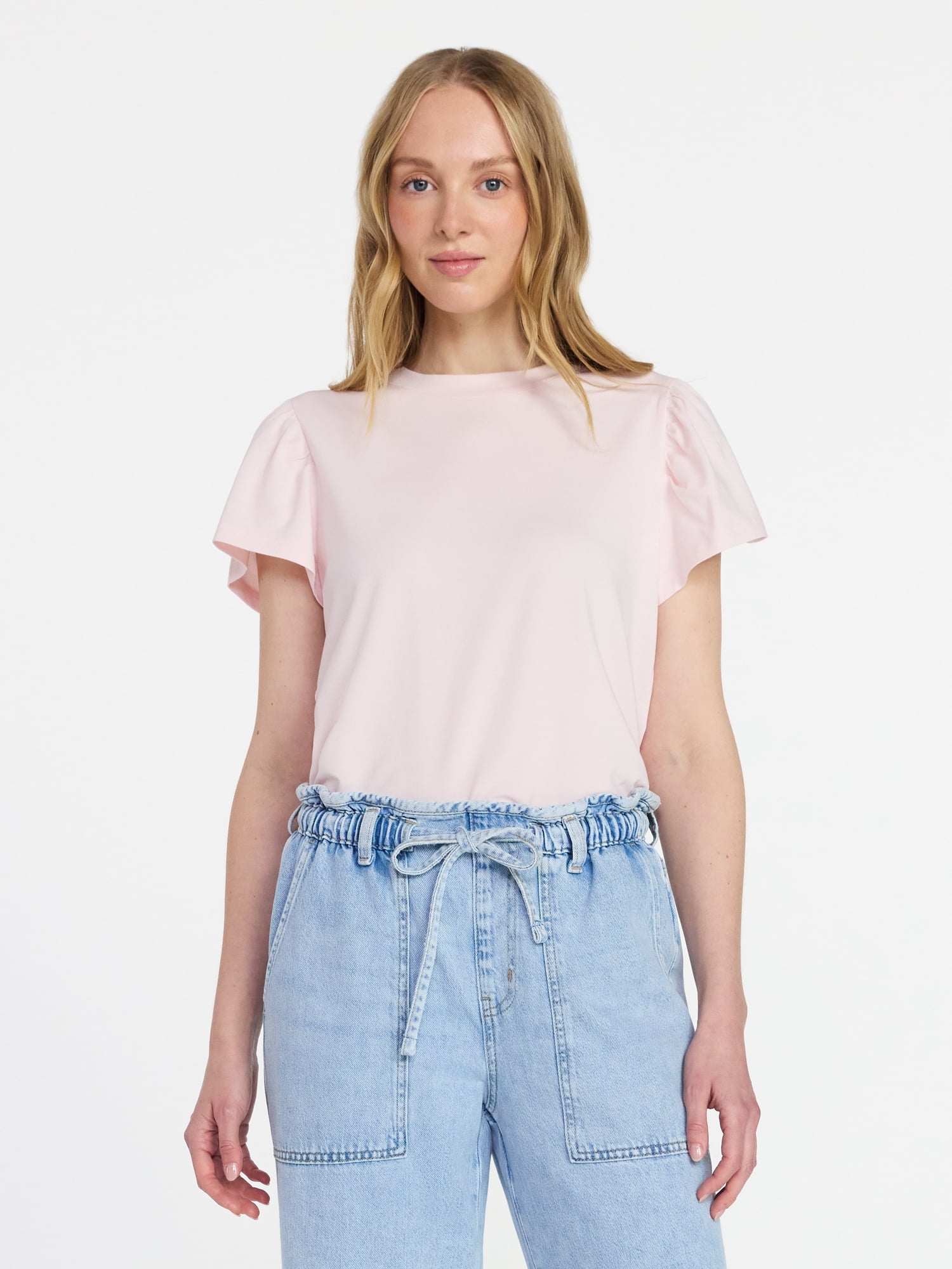 Time and Tru Women's Crewneck Tee with Flutter Sleeves, Sizes XS-XXXL