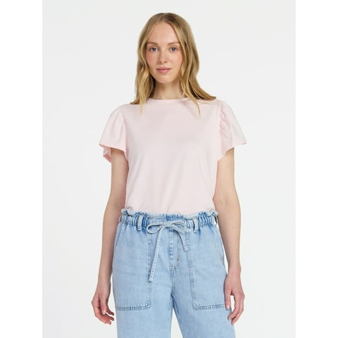 Women's Crewneck Tee with Flutter Sleeves, Sizes XS-XXXL
