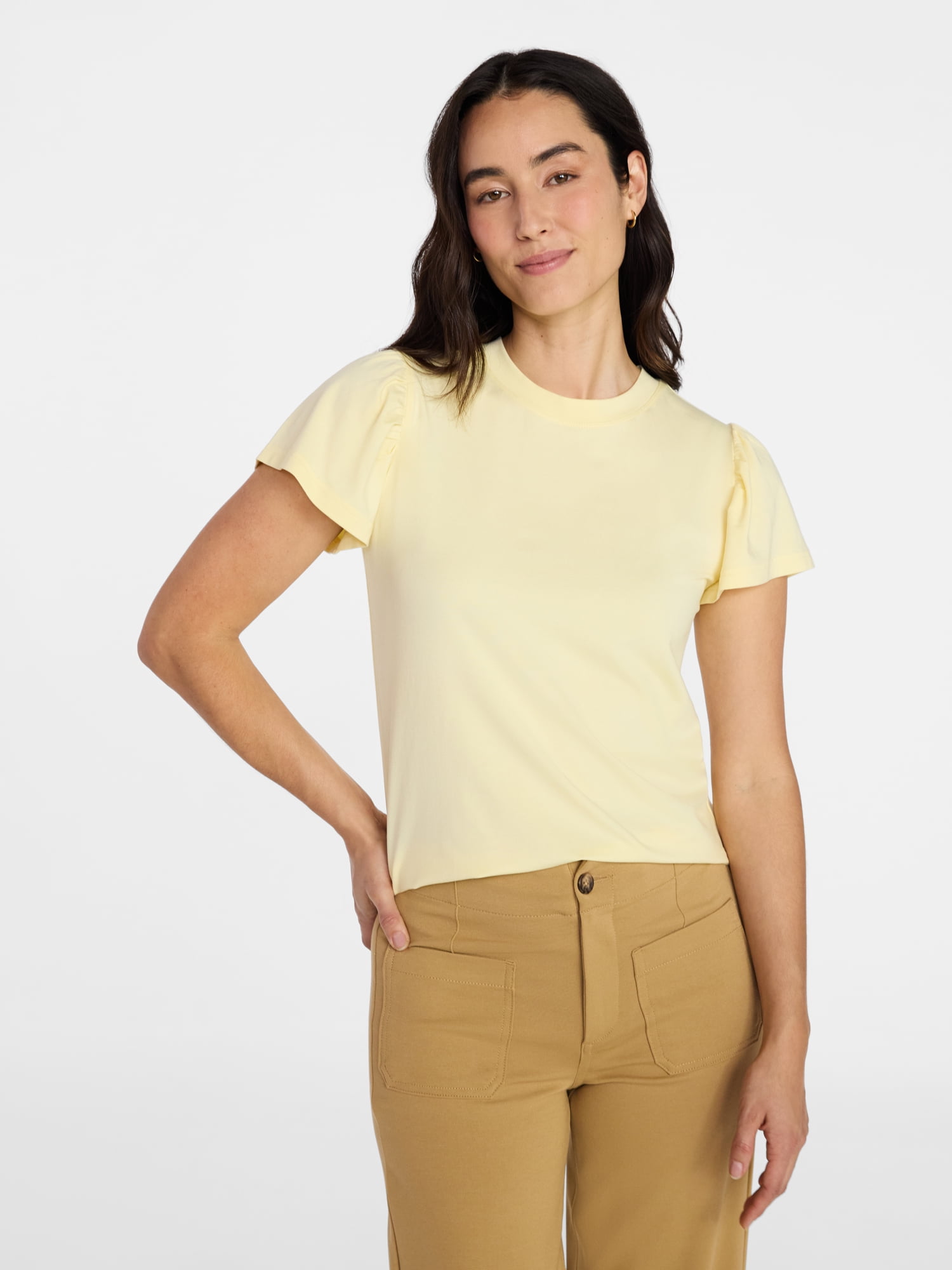 Time and Tru Women's Crewneck Top with Short Flutter Sleeves, Sizes XS-XXXL
